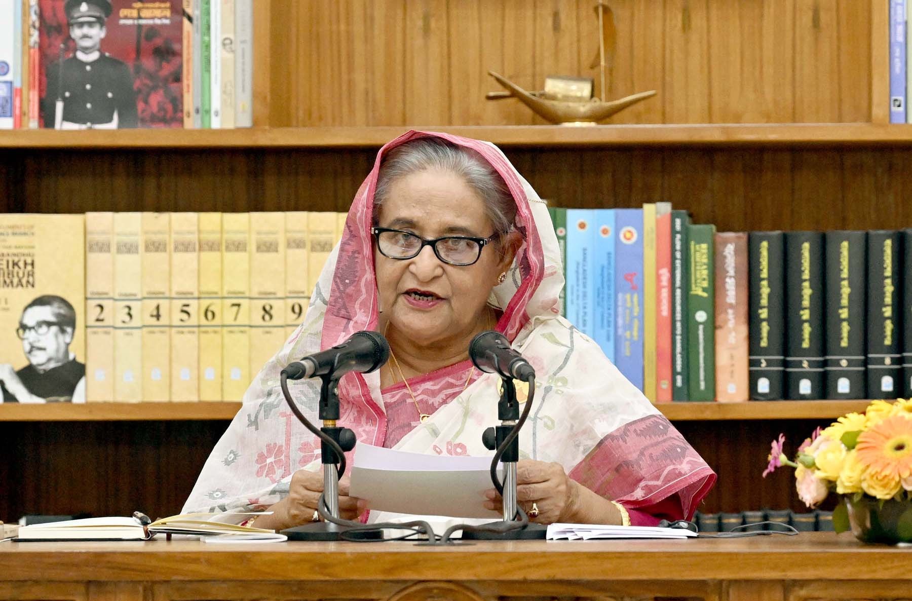 Sheikh Hasina speaking at a press conference at Ganabhaban in May 2024.
