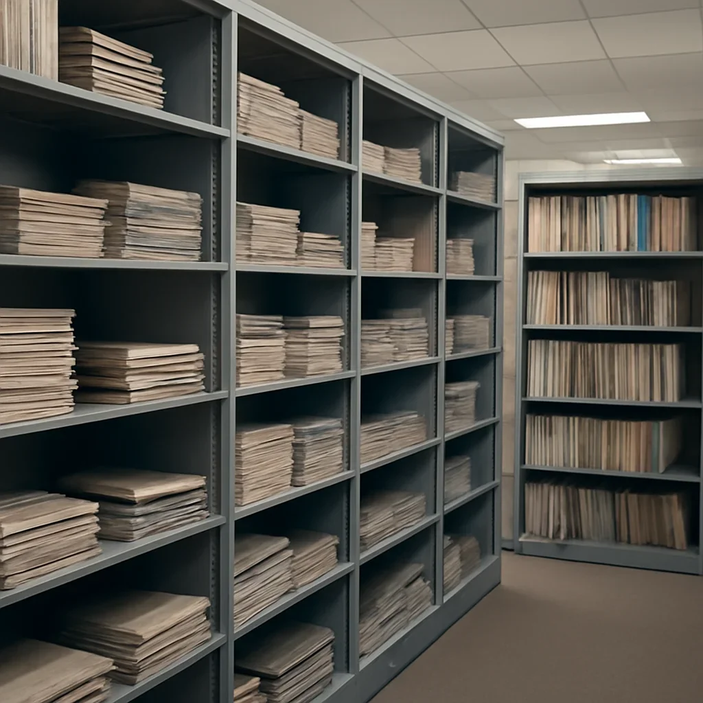 Quiet newsroom library shelves with archived magazines and reports