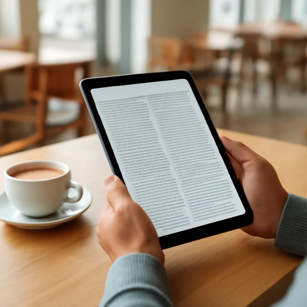 Reader scrolling a long-form politics article on a tablet in a bright cafe