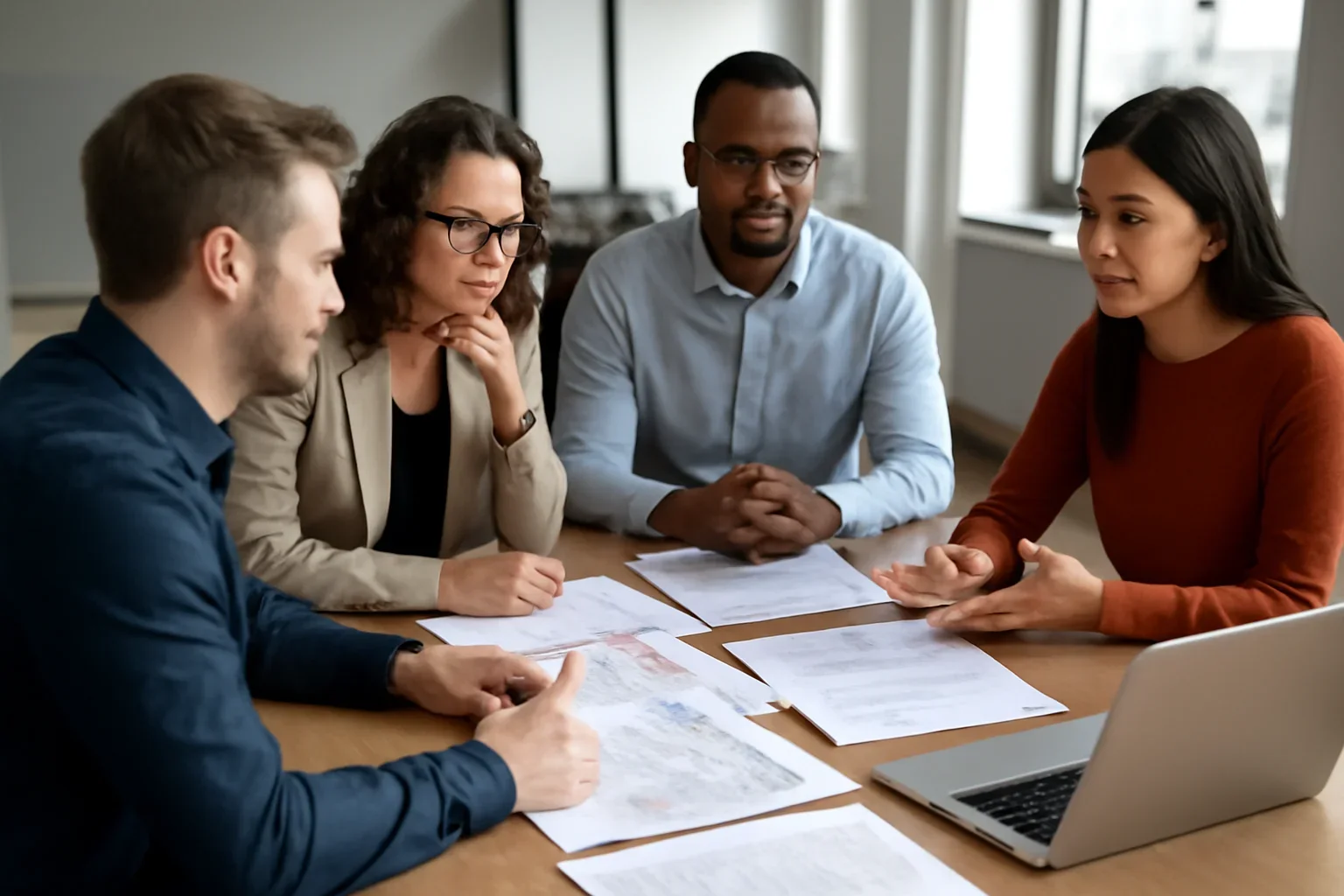 Team meeting around a table with marked-up political copy and laptops