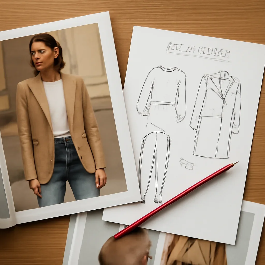 Magazine pages, style notes and a red editing pencil on a desk