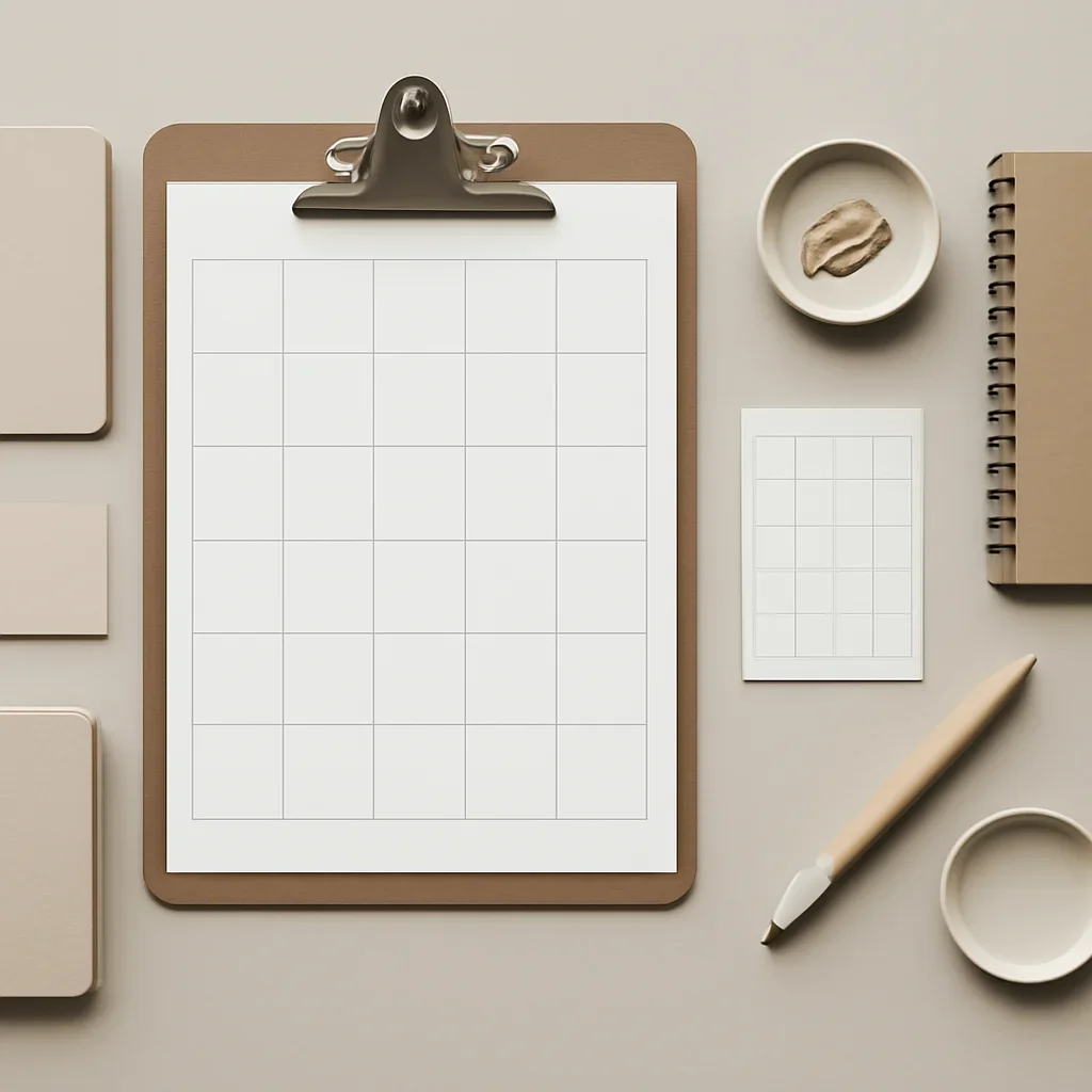 Branded content planning board with calendars and neutral stationery