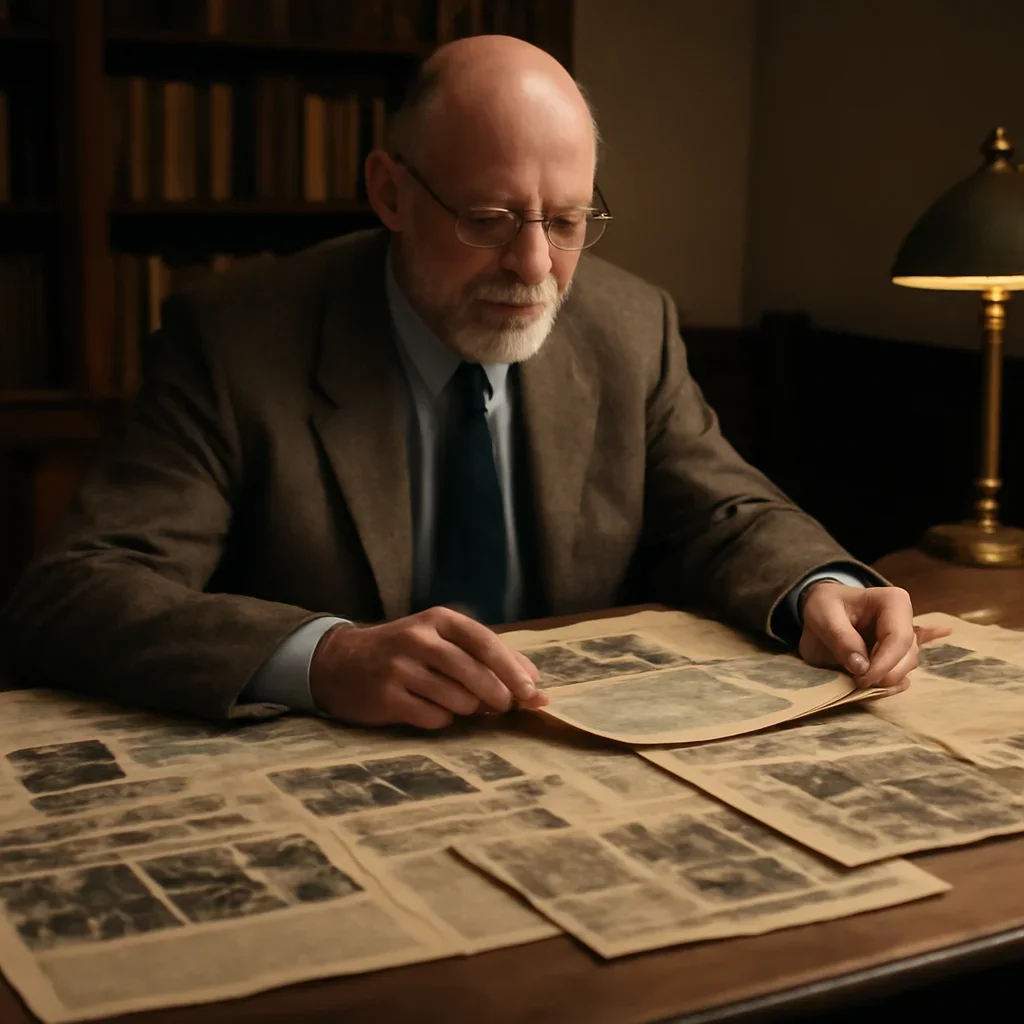 Historian or editor reviewing old political clippings at a large desk