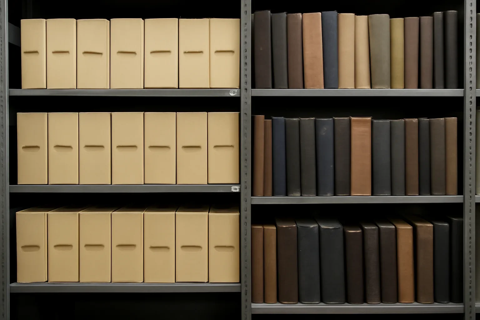 Archive shelves with labelled magazine boxes and bound volumes