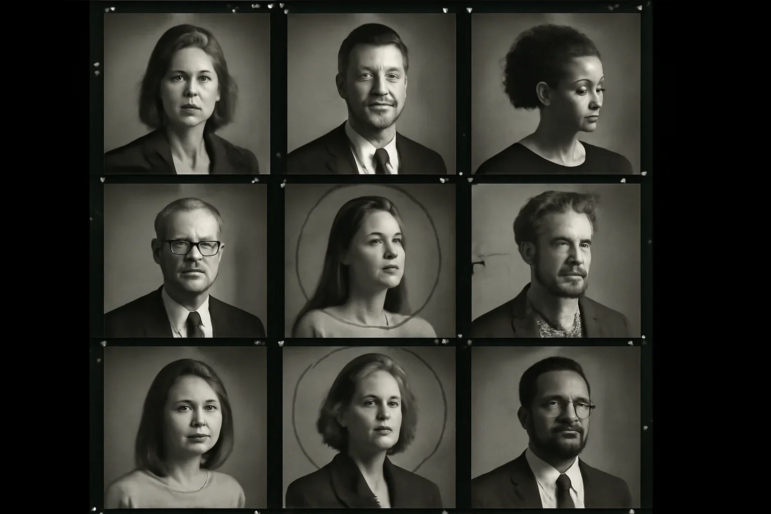 Portraits arranged on a lightbox contact sheet with notes