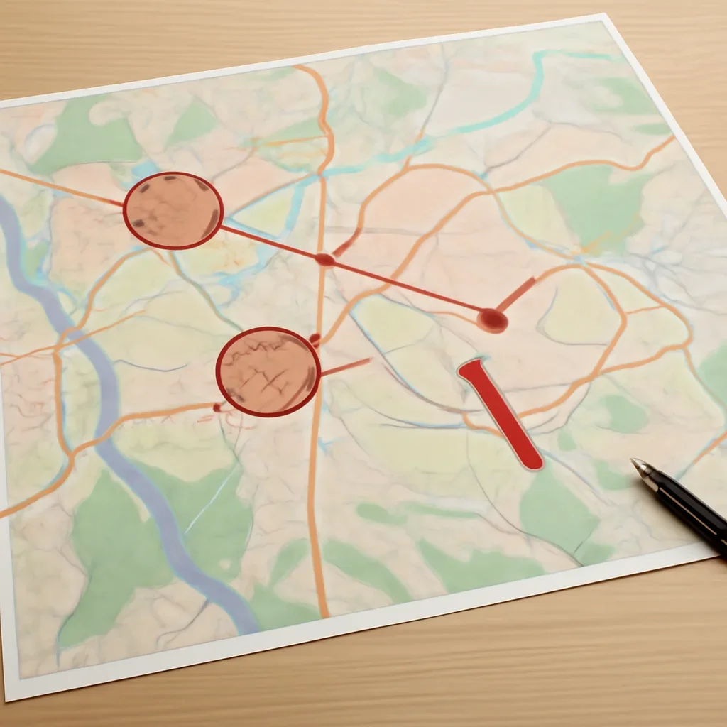 Regional map with transport and housing priorities marked up on a table, image