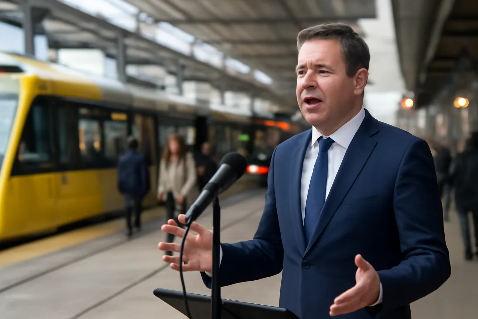 Metro mayor or regional leader speaking at a city transport hub