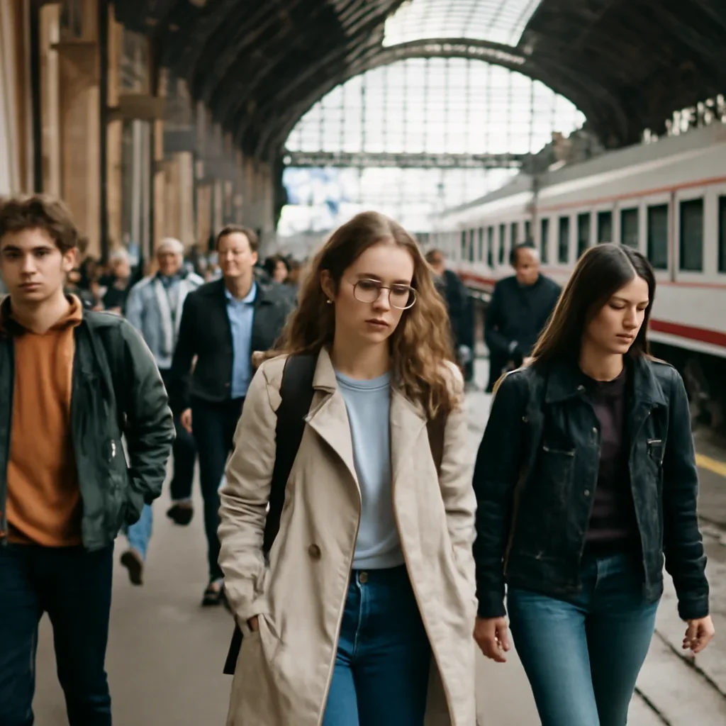 Students and commuters moving through a European rail station