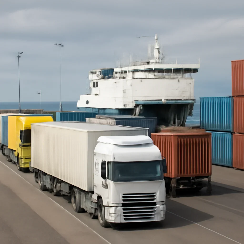 Freight lorries and containers at a ferry port, documentary style
