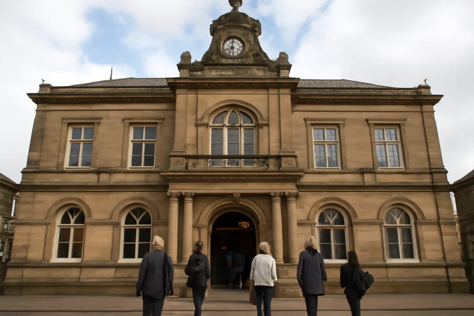 Historic UK town hall building with people entering for a council meeting