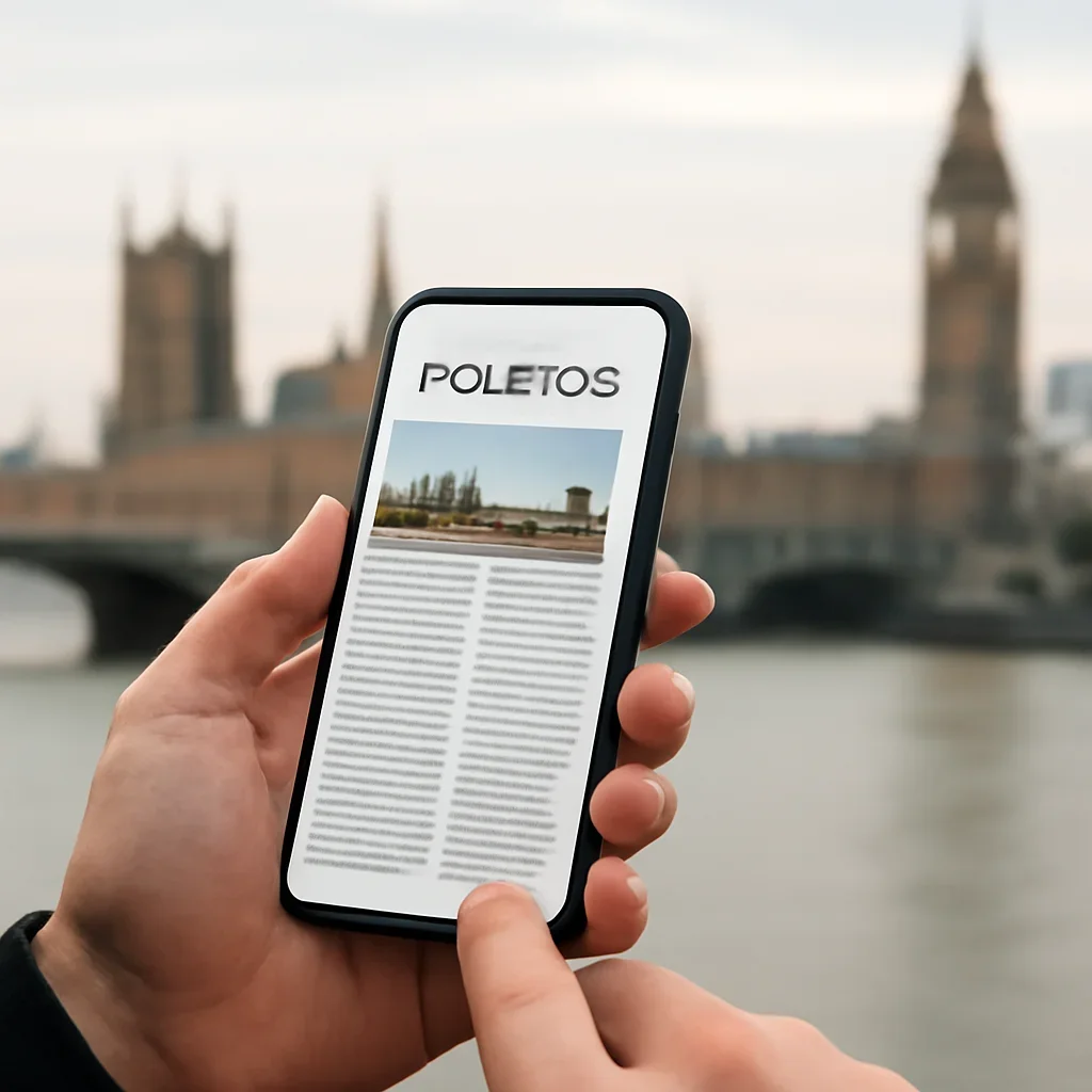 Reader checking a politics newsletter on a phone with a London skyline softly blurred behind