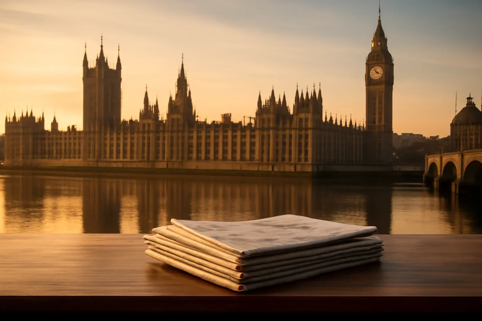 The Palace of Westminster at first light with newspapers on a desk in the foreground