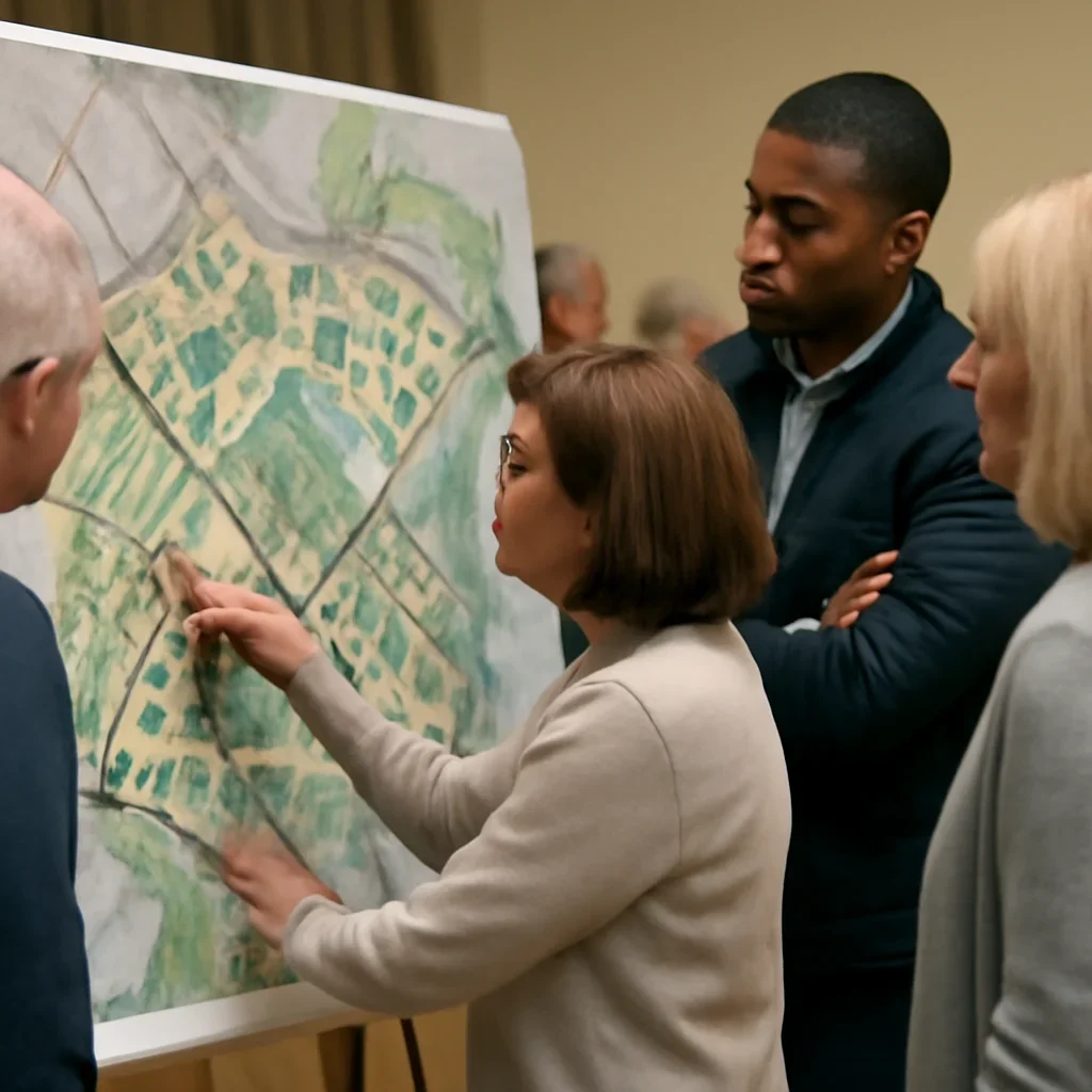 Residents examining a neighbourhood development map at a consultation event