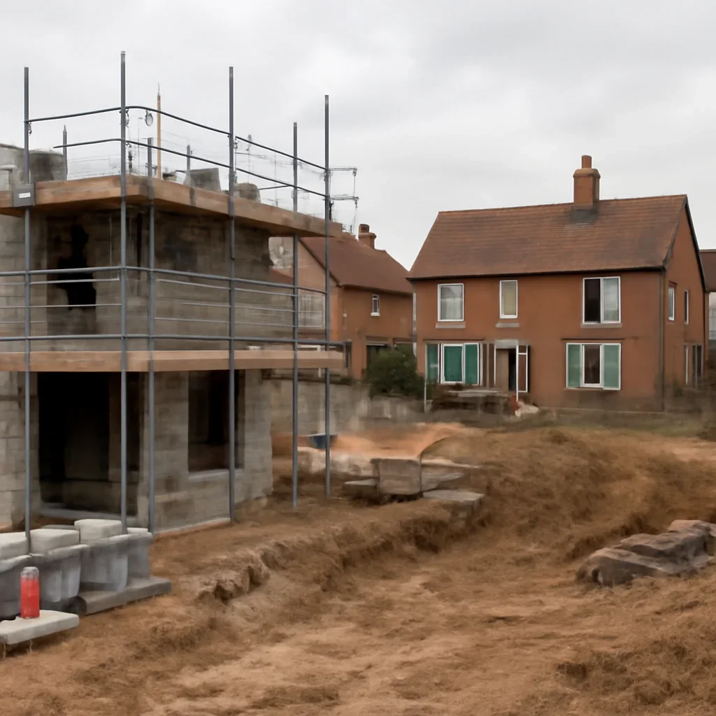 Construction site beside established homes in England, documentary style