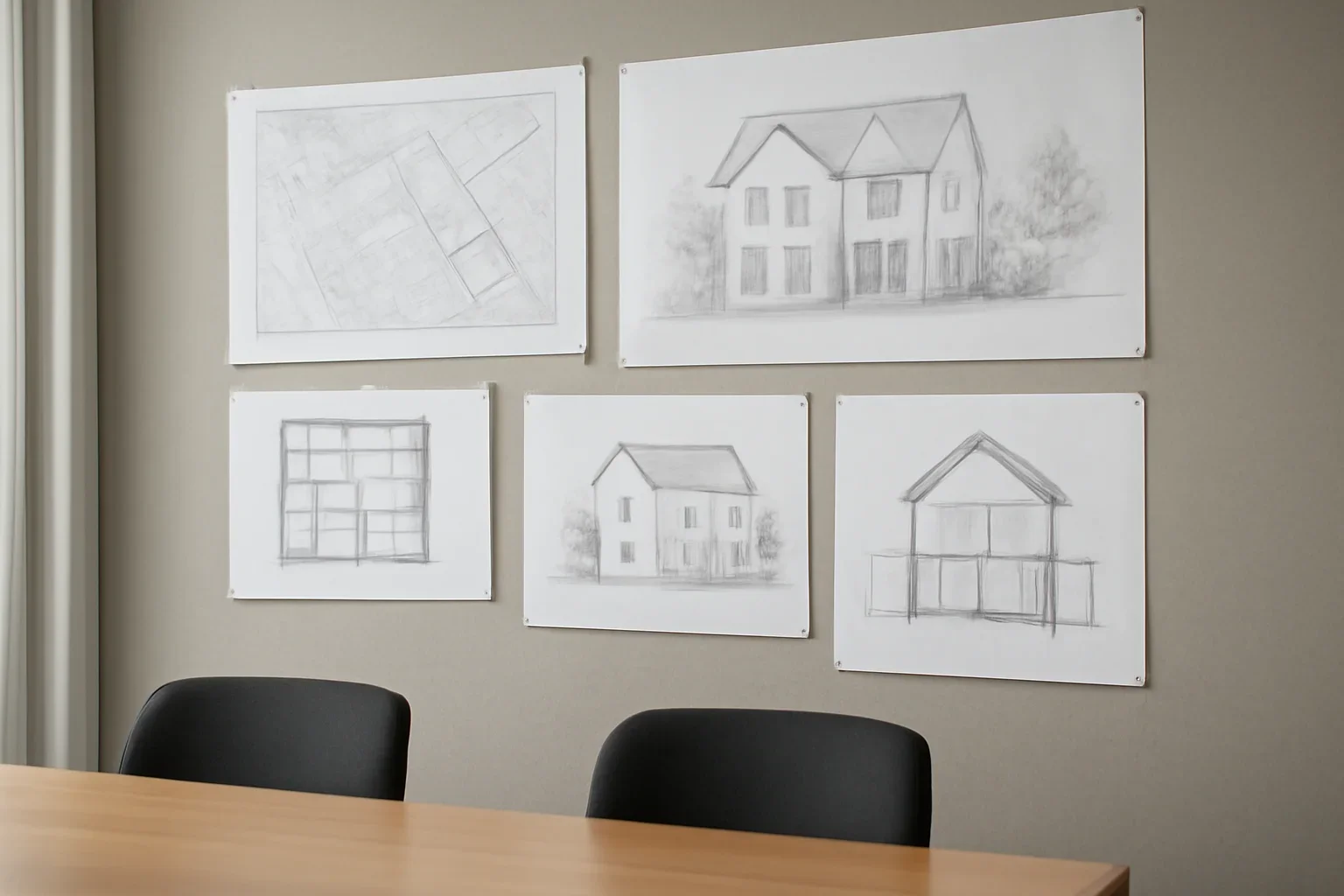 Planning application drawings pinned on a meeting room board