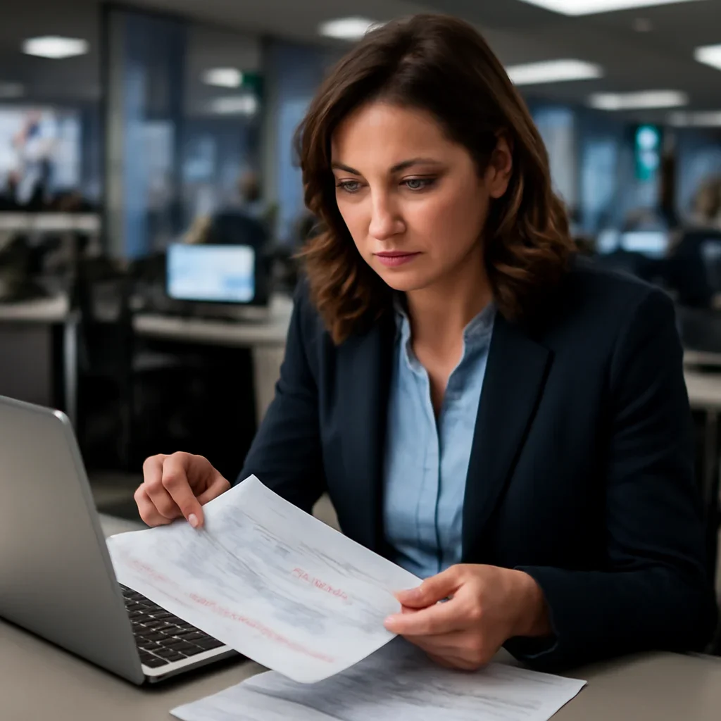 Political reporter reviewing annotated briefing papers beside a laptop in a modern newsroom