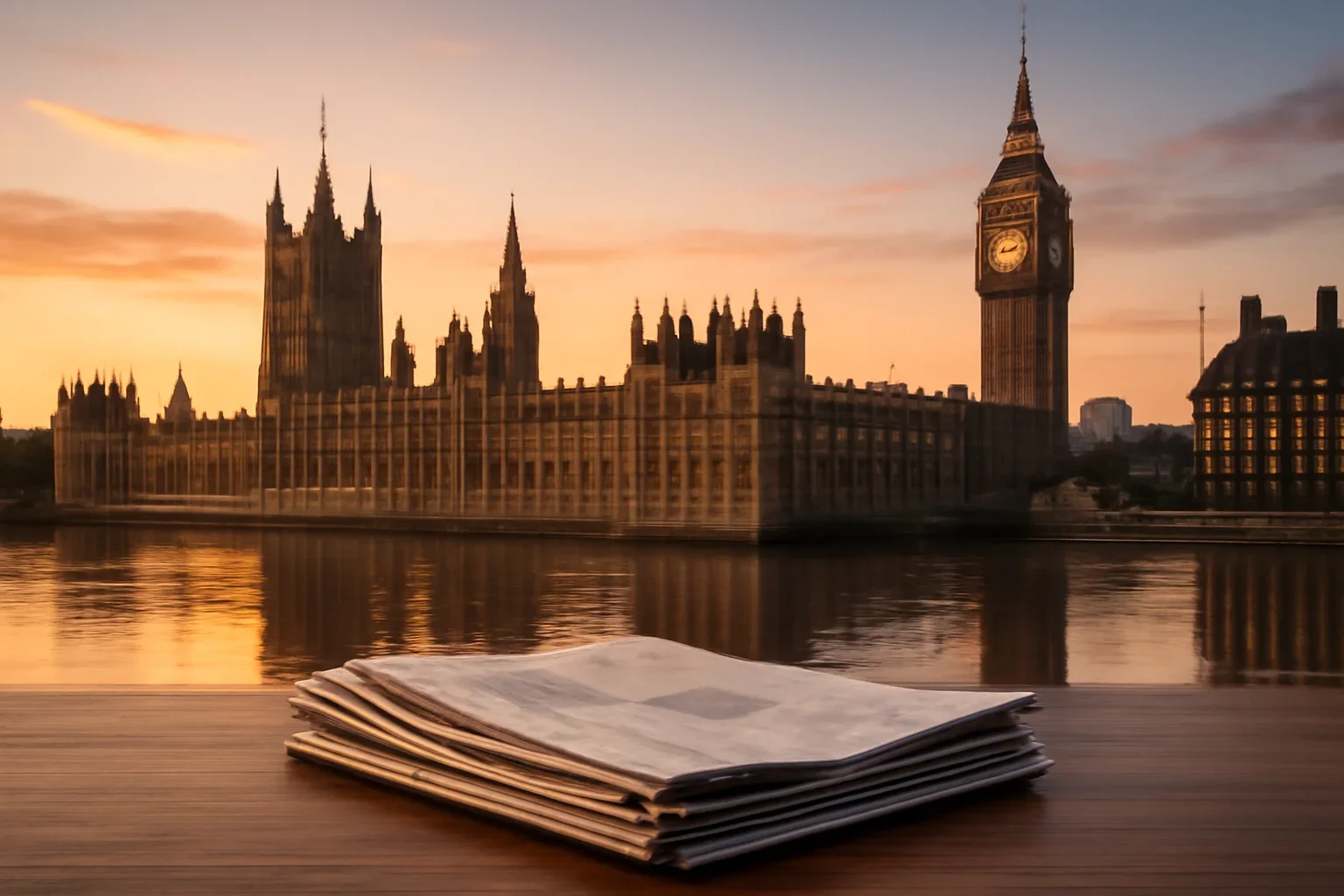 The Palace of Westminster at first light with newspapers on a desk in the foreground