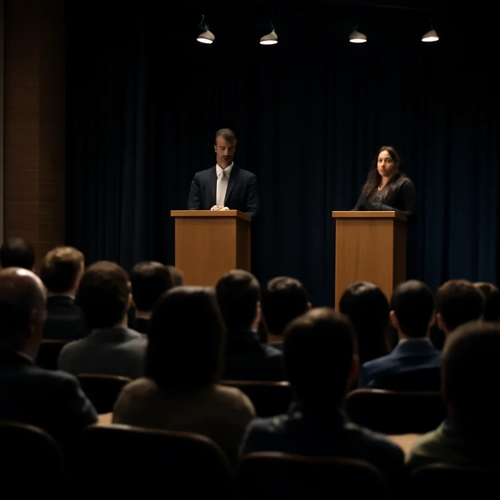 Public debate in a university hall with audience notes and stage lighting, documentary style
