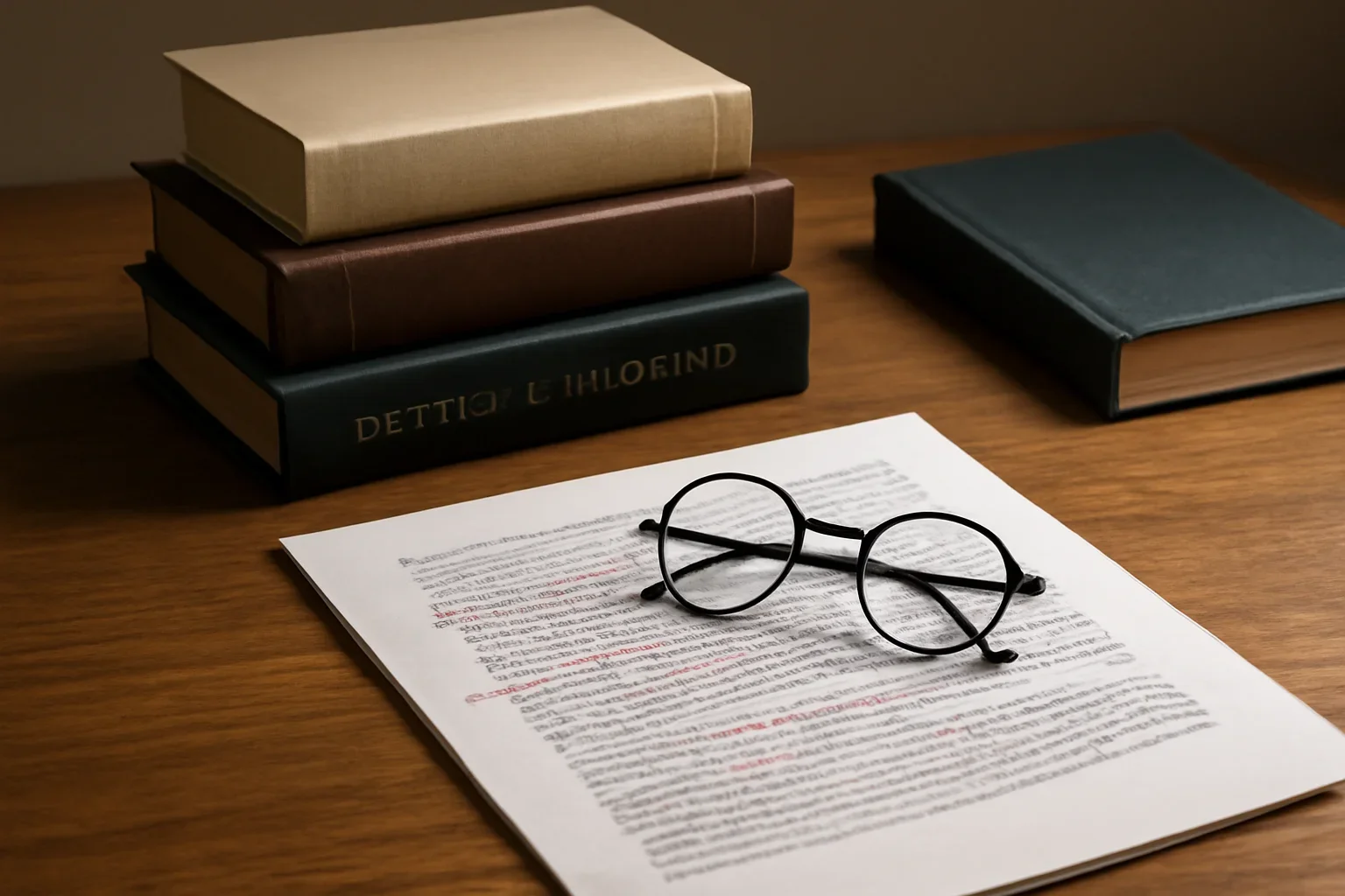 Still life of political philosophy books, a marked-up essay and glasses on a wooden desk