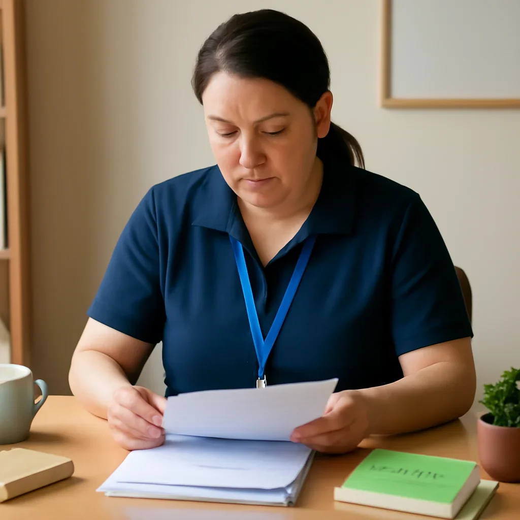 Support worker reviewing case notes at a desk with wellbeing resources nearby