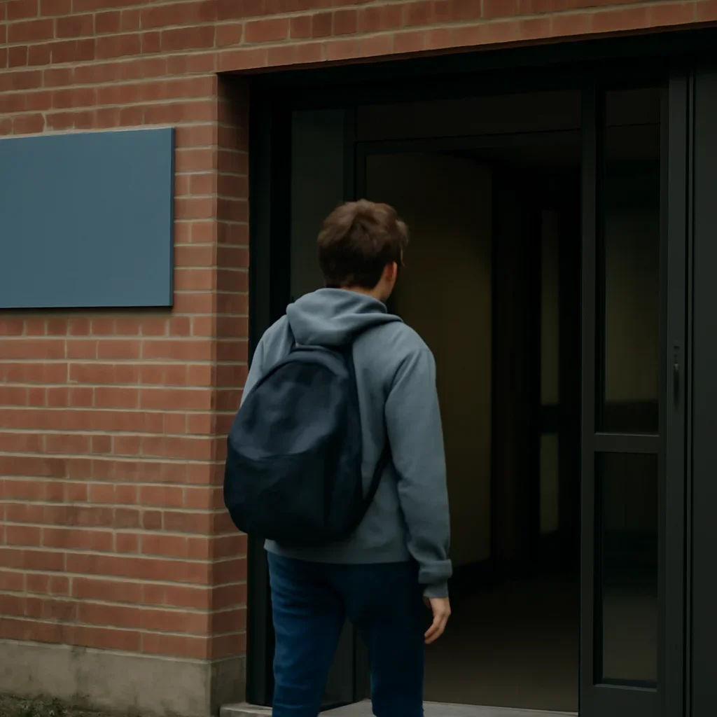 Young person walking into a community mental health centre with discreet signage, documentary style