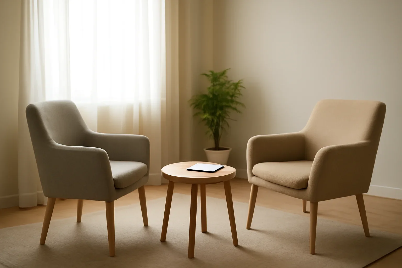 Calm therapy room with two chairs, soft daylight and a notebook on a side table
