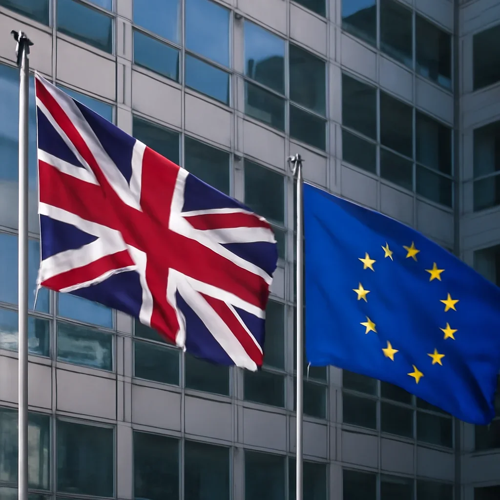 UK and EU flags beside a city office building