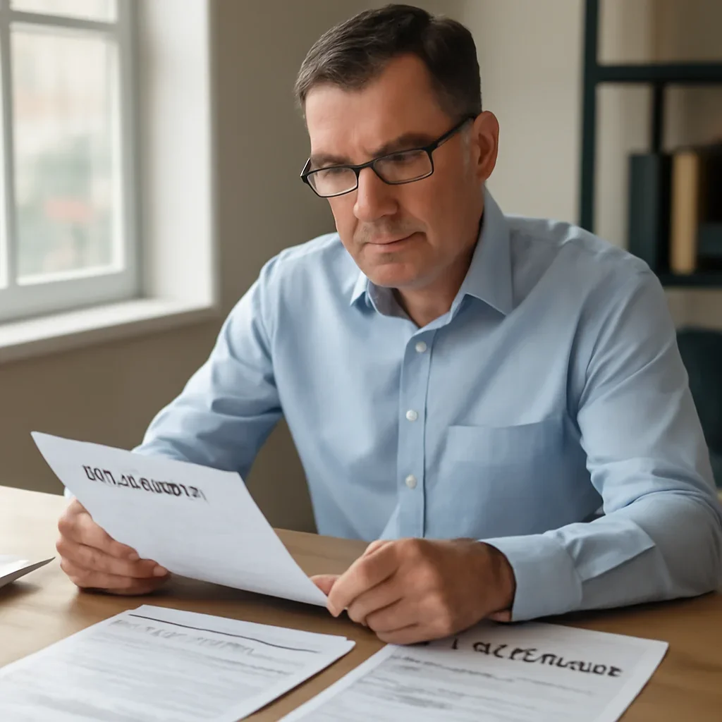 Business owner reviewing export paperwork and customs forms at a desk, image
