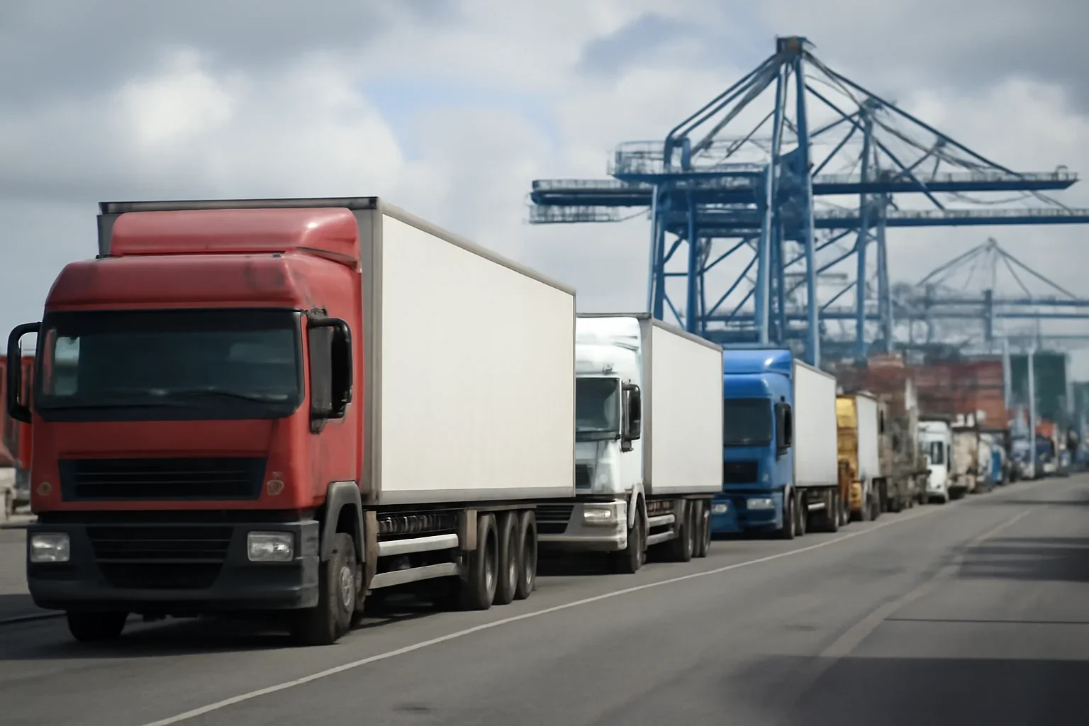 Freight vehicles queuing near a European port terminal