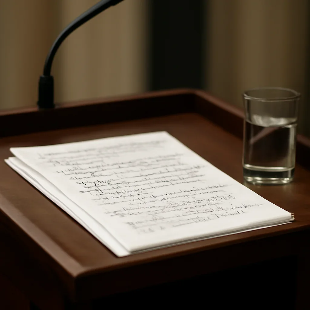 Close view of a political speech lectern with handwritten policy notes and a glass of water, photography