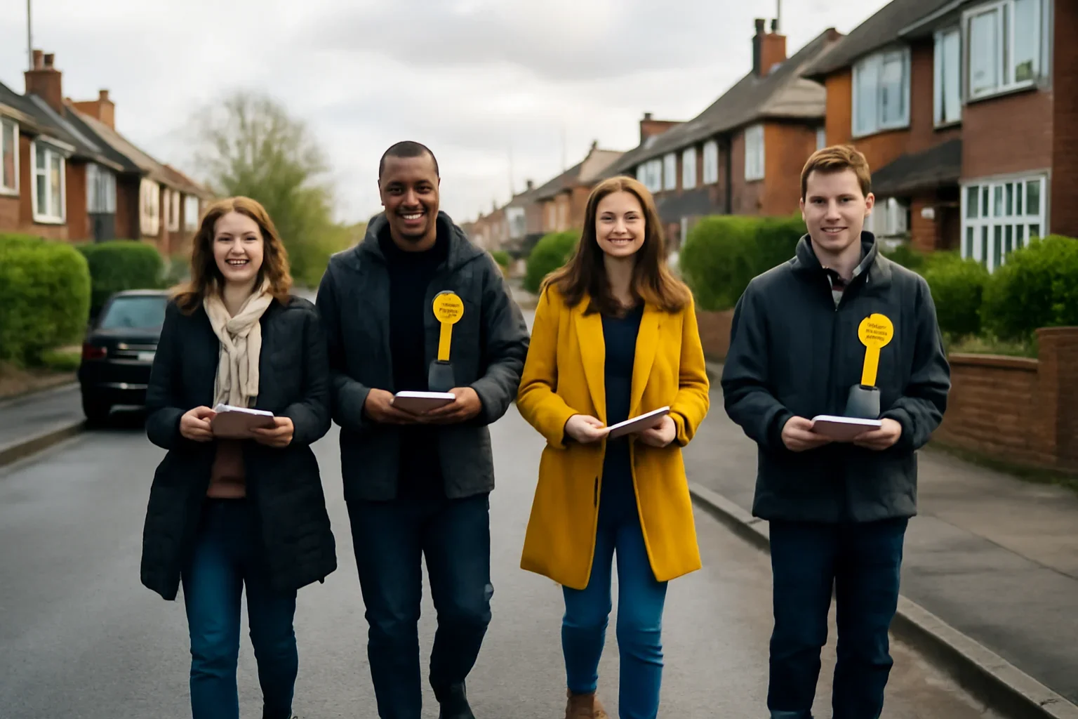 Liberal Democrat campaign volunteers delivering leaflets on a suburban street in Britain