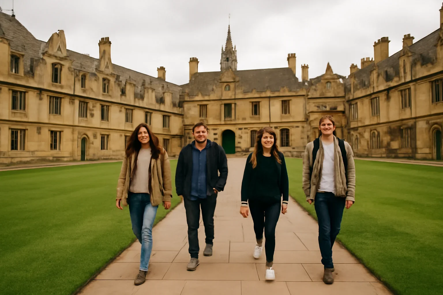 Students walking across a historic university quad in the UK