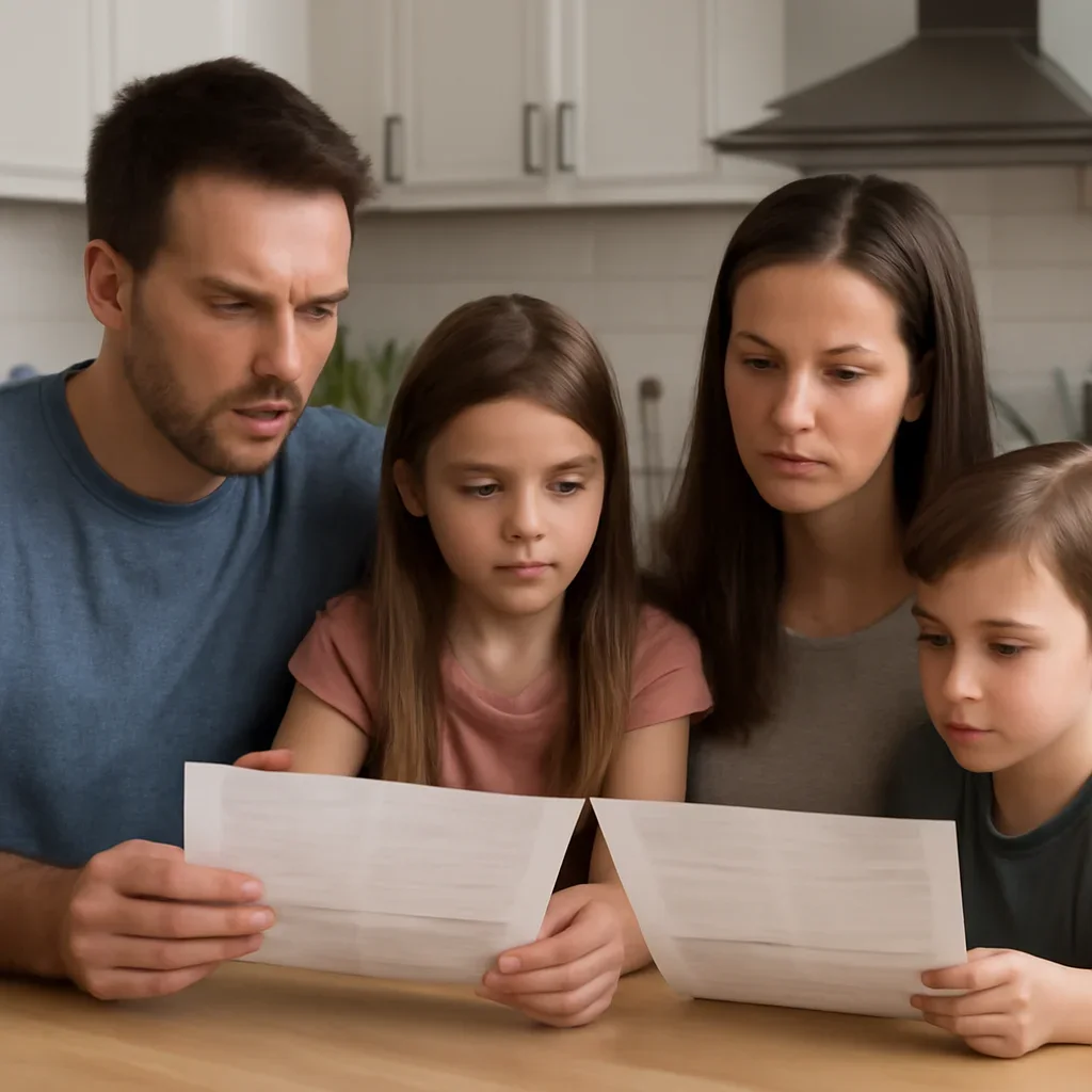 Family comparing home energy bills before and after improvements