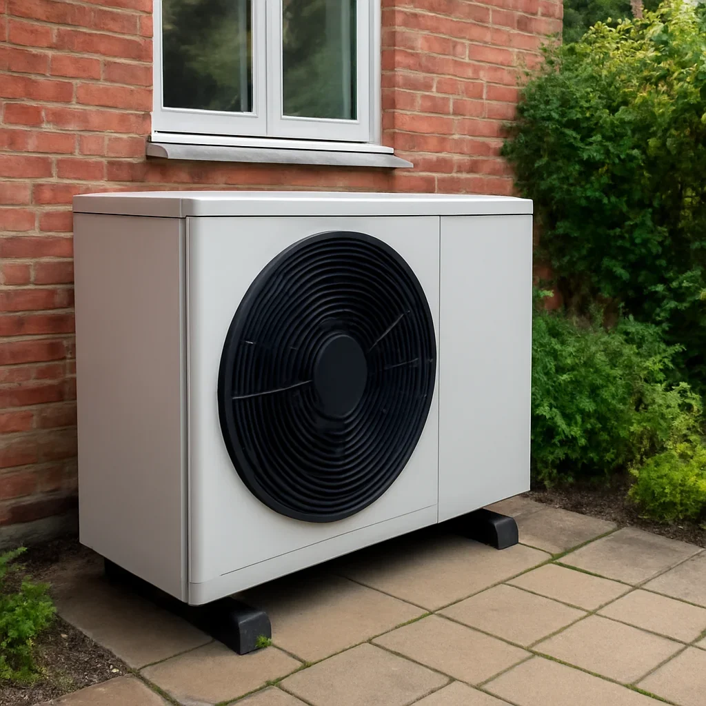 Heat pump beside a brick house with plants and paving