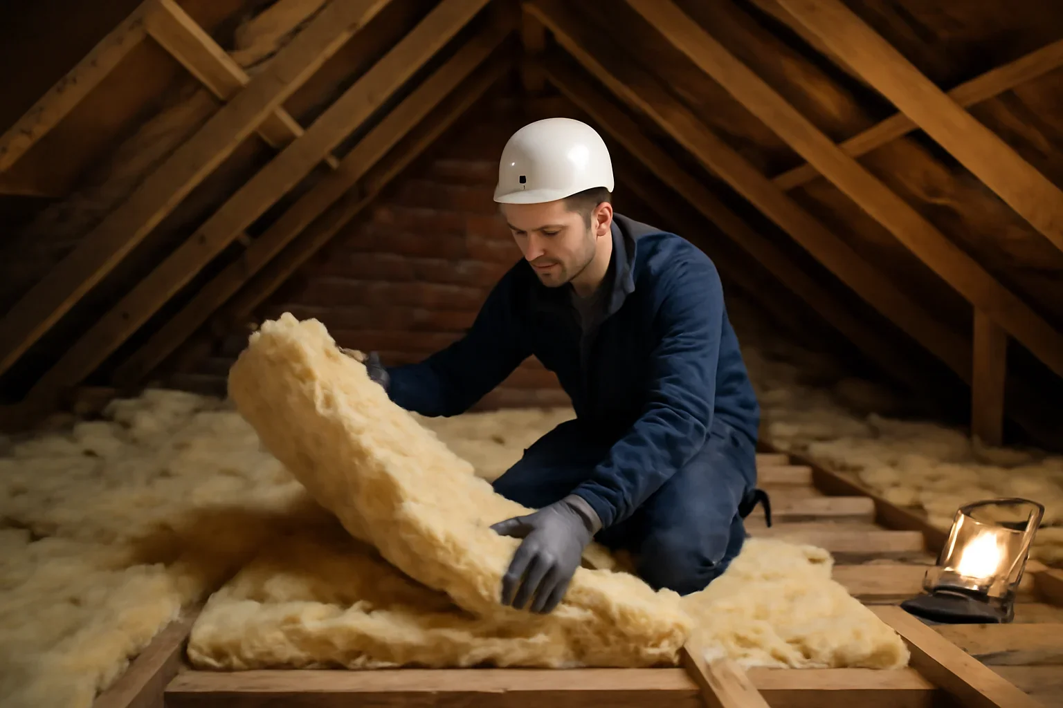 Installer fitting loft insulation in a British home