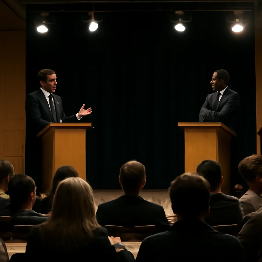 Public debate in a university hall with audience notes and stage lighting, documentary style