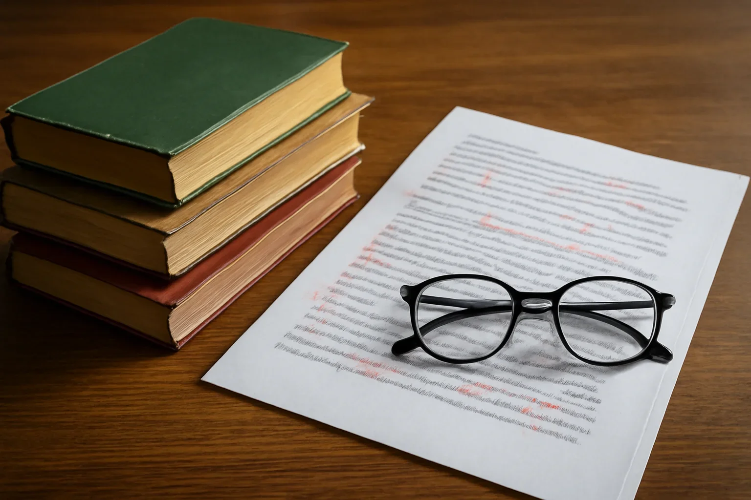 Still life of political philosophy books, a marked-up essay and glasses on a wooden desk