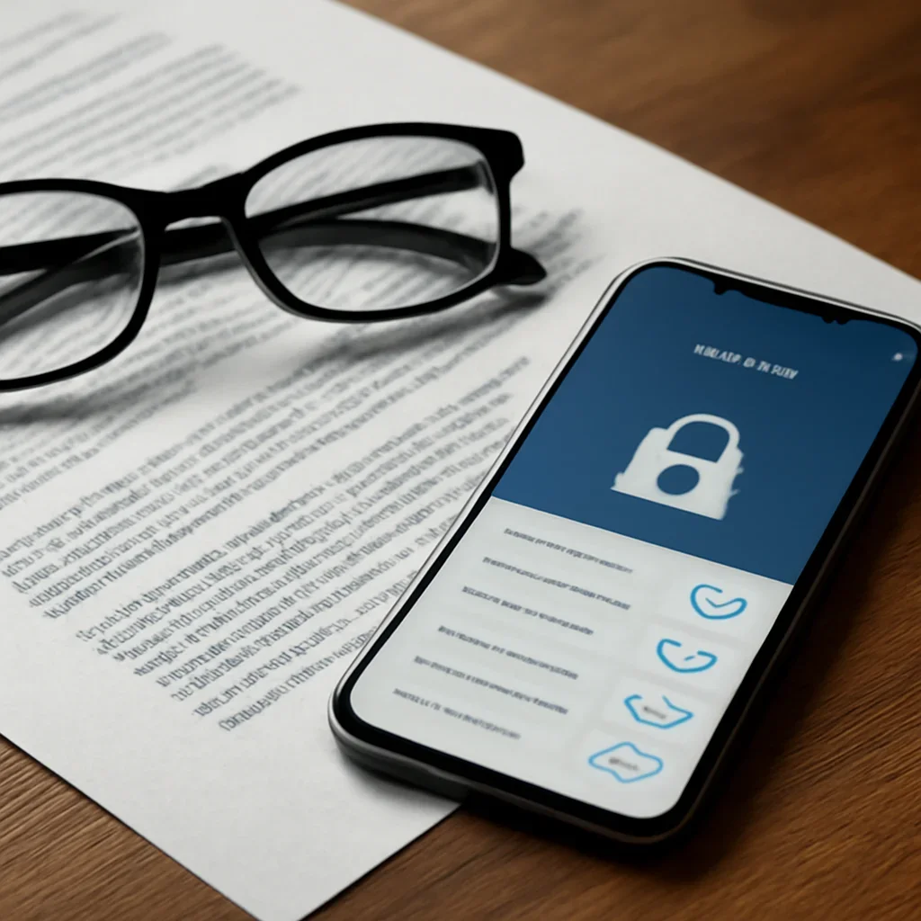Legal documents, glasses and a smartphone showing privacy settings