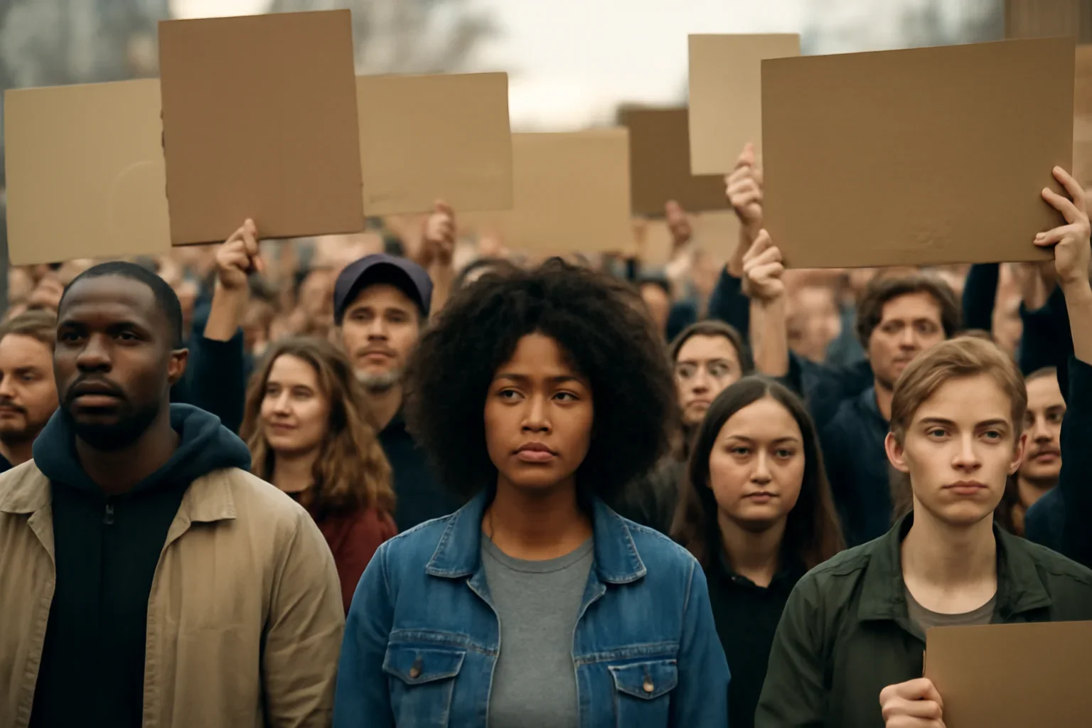 Crowd at a peaceful protest with rights-themed placards