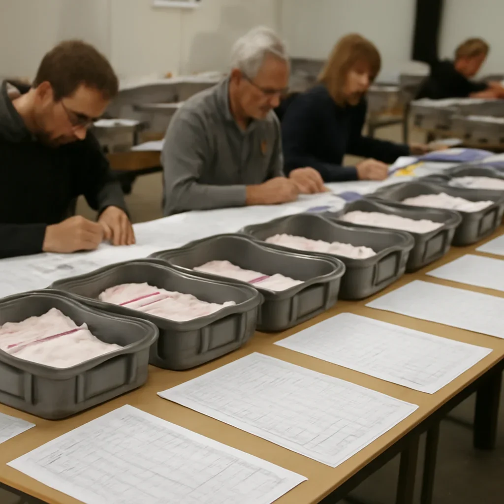 Counting hall with ballot trays and tally sheets, documentary style
