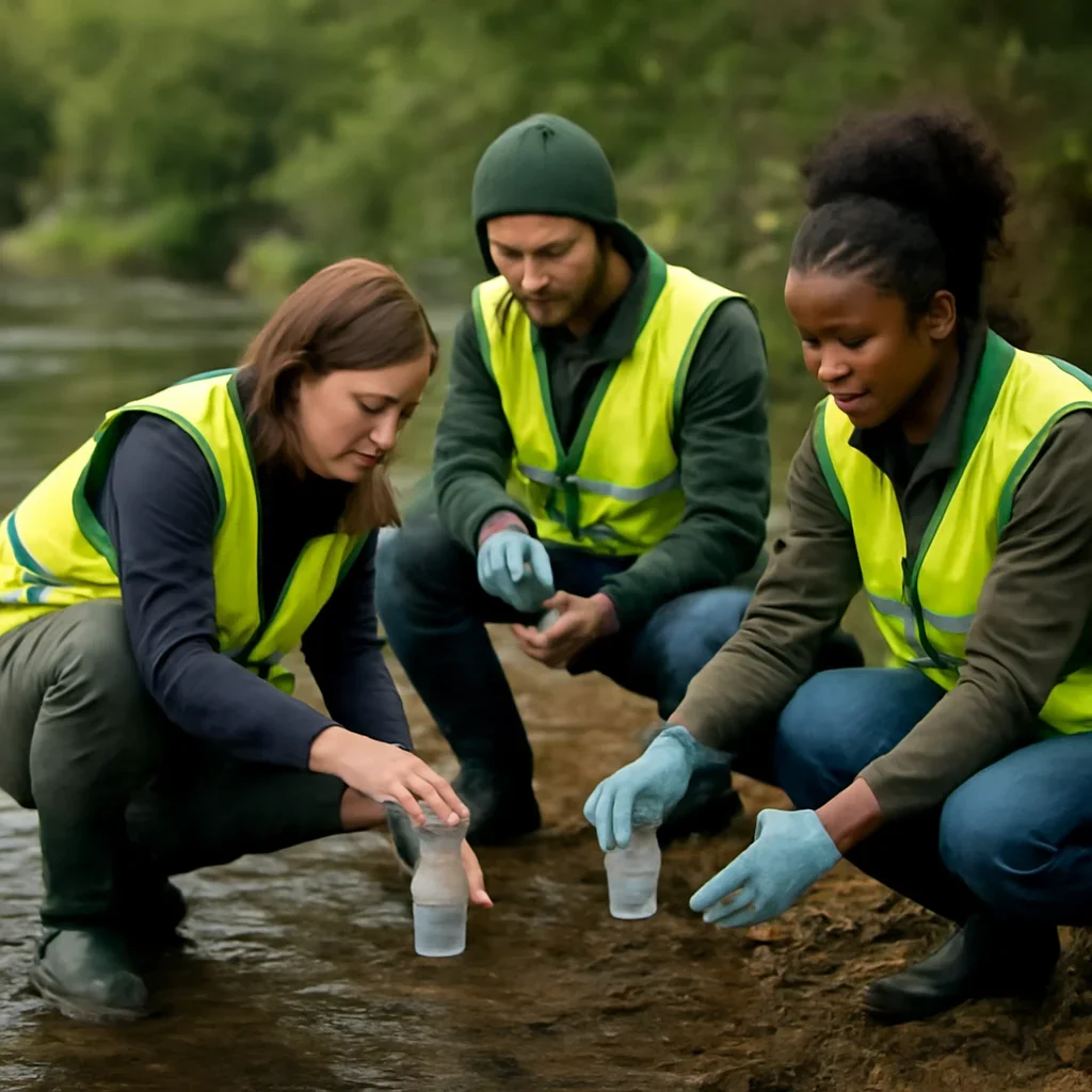 Campaigners sampling water from a riverbank