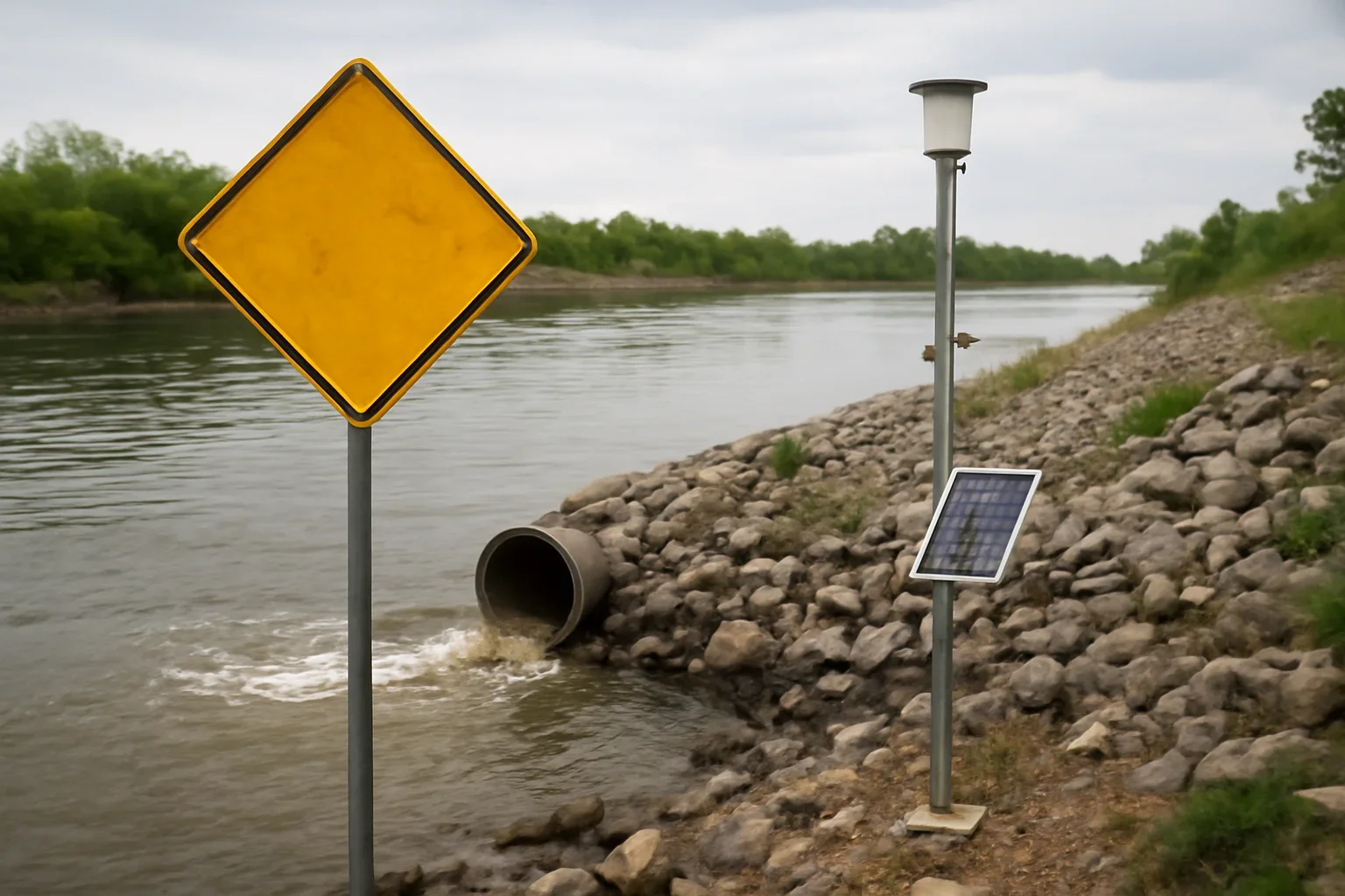 River outfall area with warning sign and environmental monitoring equipment