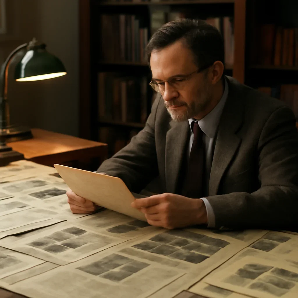 Historian or editor reviewing old political clippings at a large desk