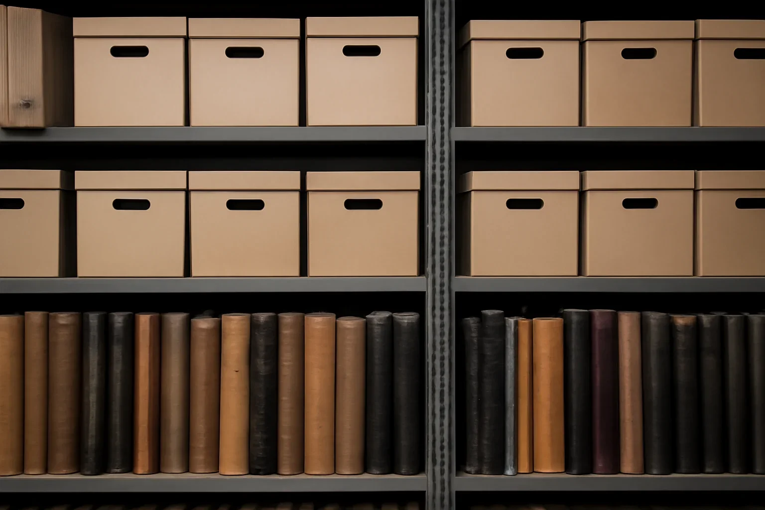 Archive shelves with labelled magazine boxes and bound volumes