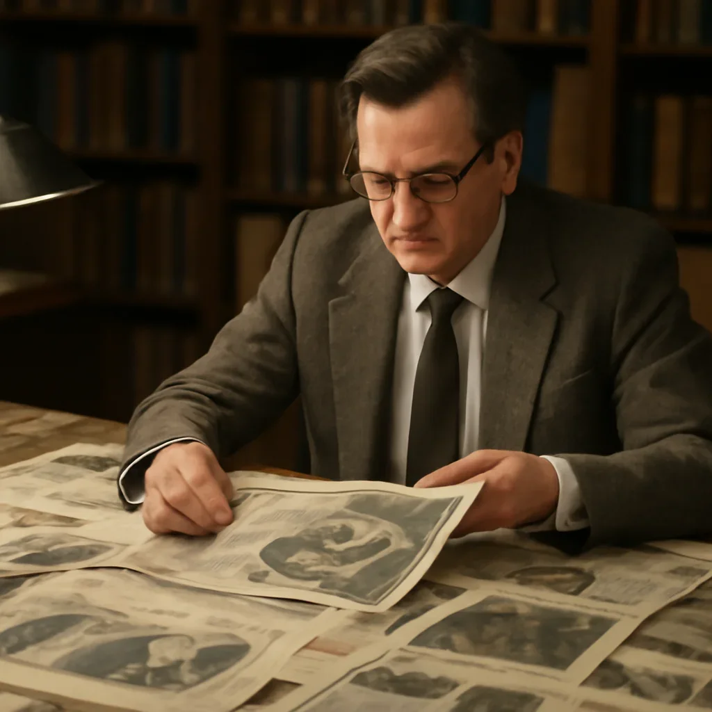 Historian or editor reviewing old political clippings at a large desk