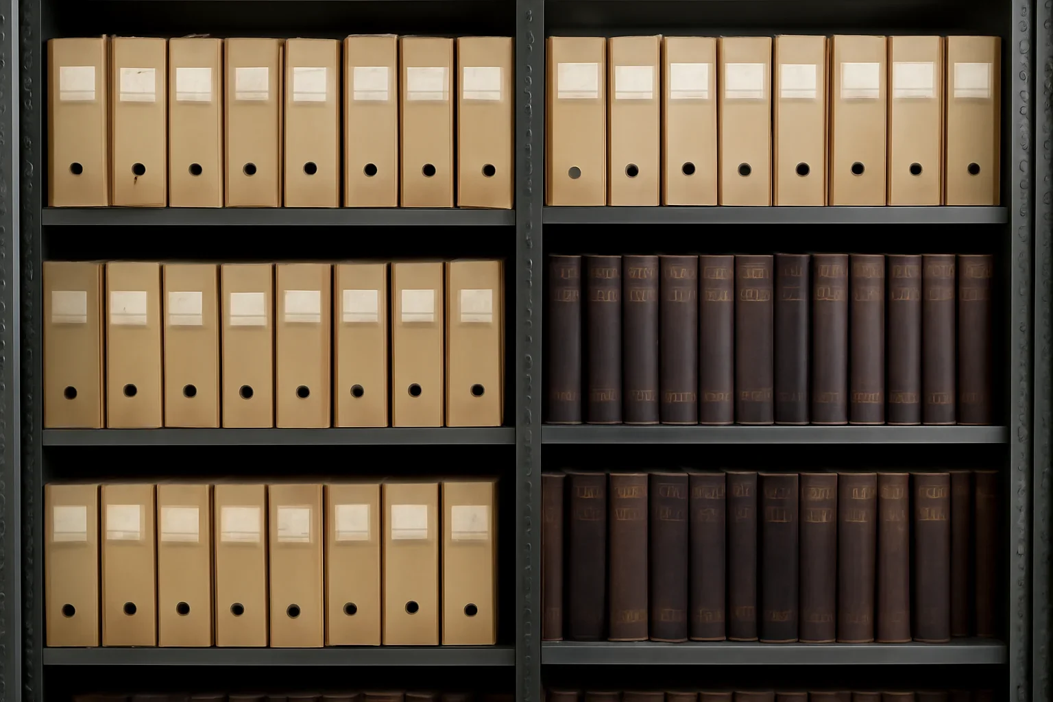 Archive shelves with labelled magazine boxes and bound volumes