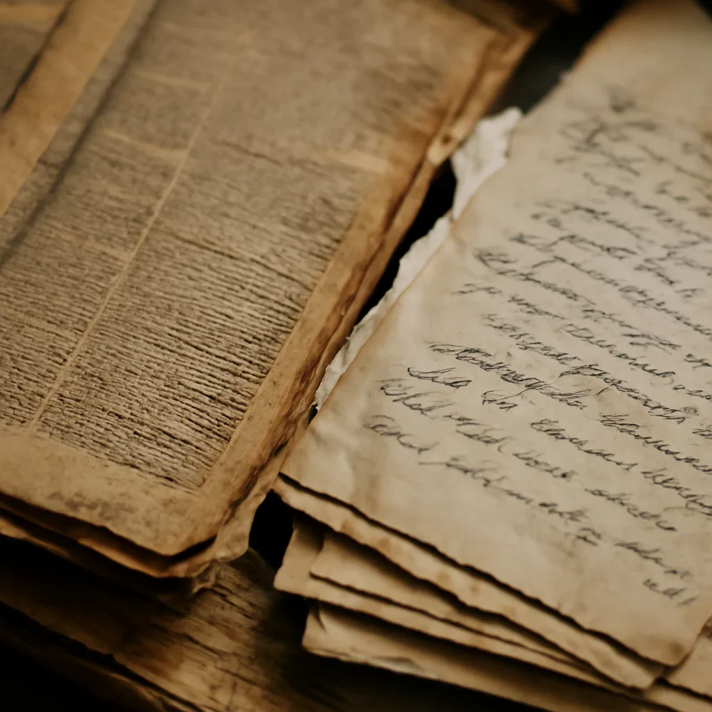 Preserved newspaper pages and handwritten notes