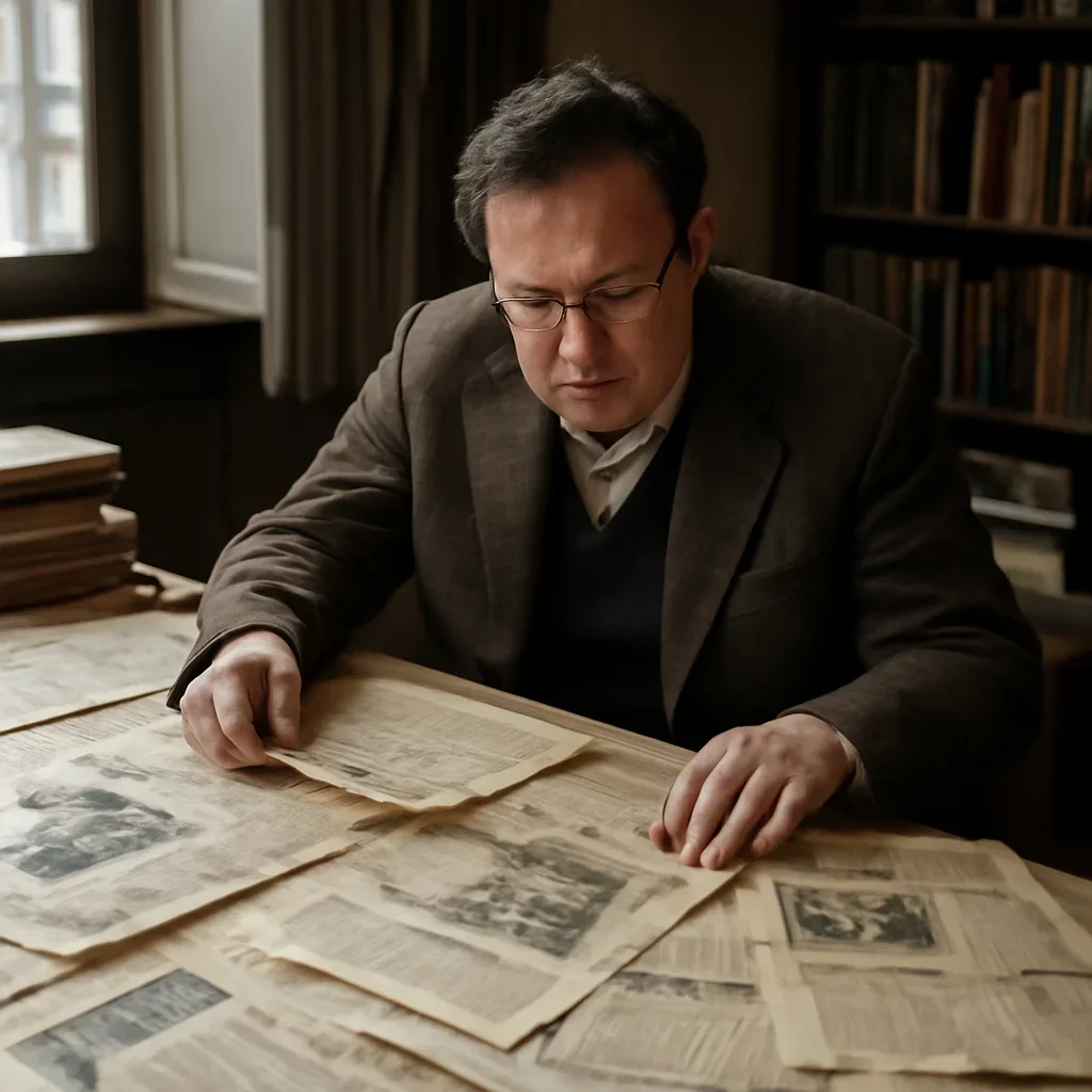 Historian or editor reviewing old political clippings at a large desk