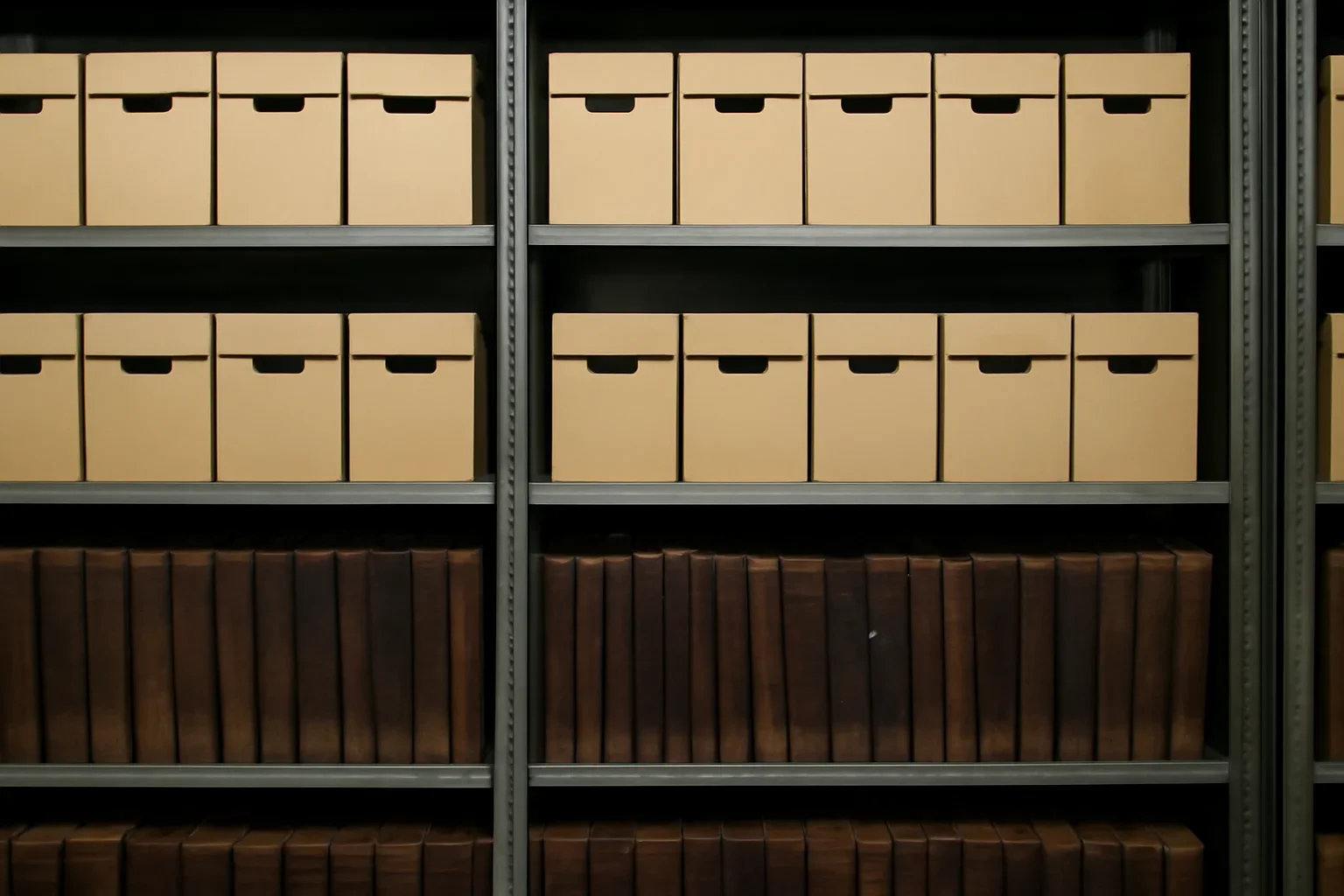 Archive shelves with labelled magazine boxes and bound volumes