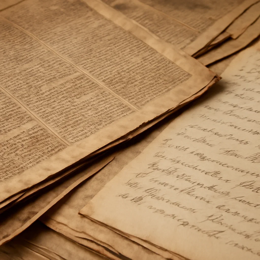 Preserved newspaper pages and handwritten notes